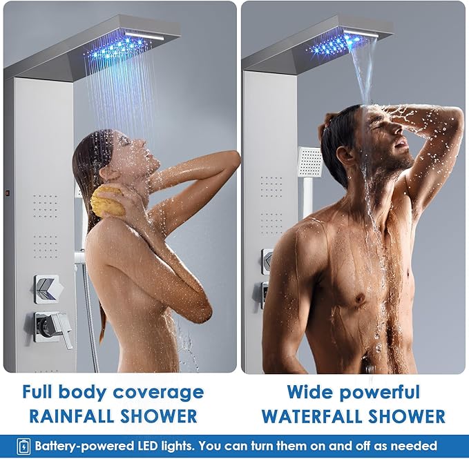 ROVOGO LED Shower Panel Tower System, 5-Function Shower Column with Rainfall Waterfall Shower Head, 4 Body Jets, Handheld and Tub Spout, Stainless Steel Brushed