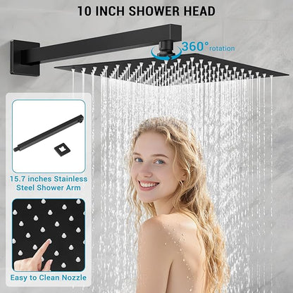 Rain Shower Faucet Set Wall Mounted Rainfall with Tub Spout Shower Head System Rough-in Valve Body and Trim Included Black (10 Inches)
