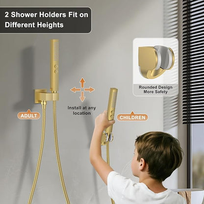 Shower Faucet Set, Wall Mounted Rainfall Shower System 12"+ 6" Dual Shower Head Sets with 2 in 1 Handheld Spray with Rough-in Valve and Shower Trim Kit, Brushed Gold