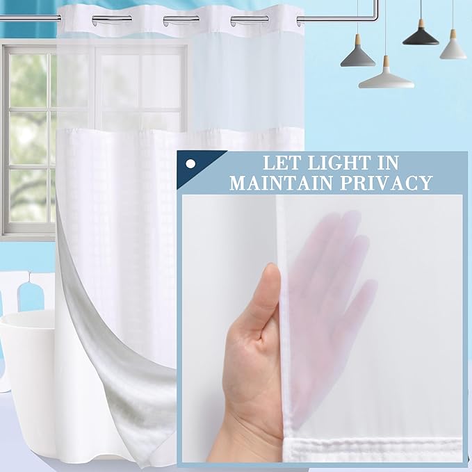 Conbo Mio Stall No Hook Shower Curtain with Snap in Liner Set, Hotel Luxury White Fabric Shower Curtains for Bathroom with See Through Top Window, Washable, Waterproof 54W x 74H
