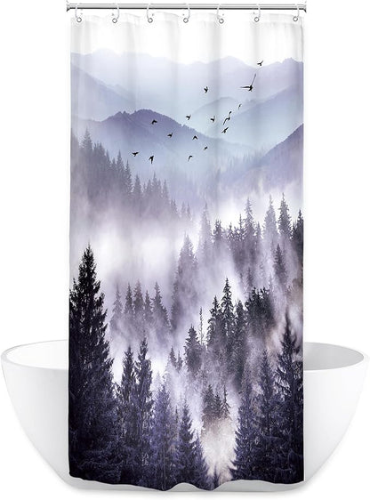 Riyidecor Stall Half Small Rv Shower Curtain 36Wx72H Inch Purple Mountain Camp Narrow Scenery Nature Woodland Pine Tree Bathroom Decor Fabric Polyester Waterproof 7 Pack Hooks
