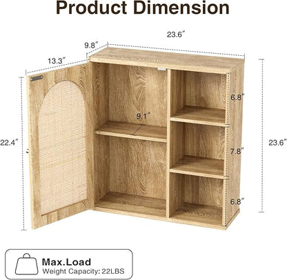Rattan Bathroom Wall Cabinet with Door, Boho Medicine Wall Cabinets with Adjustable Shelves, Tall Kitchen Wall Mounted Storage Cabinet, Floating Hanging Cabinet Space Saver for Laundry Room, Natural