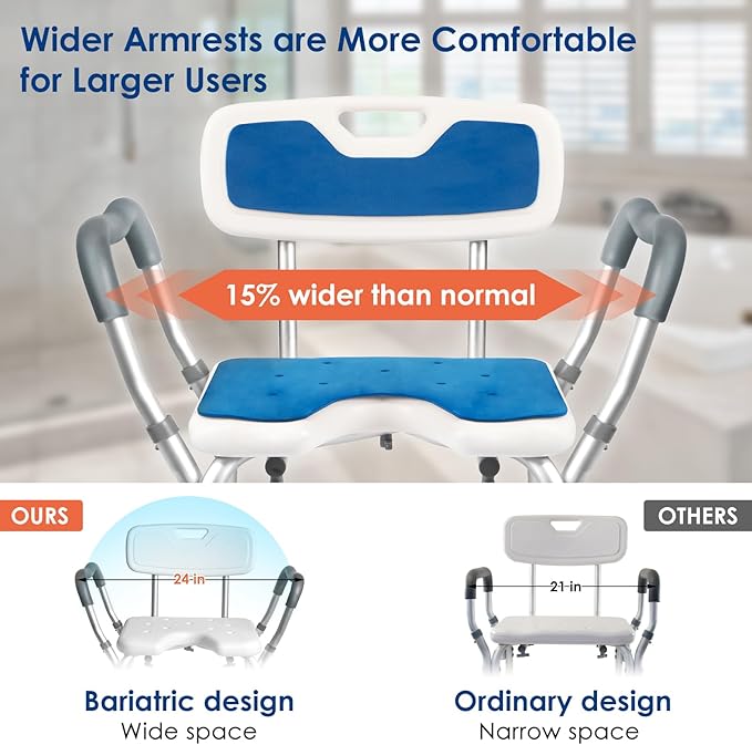 TooCust Extra Wide M-Shaped & Padded Armrests Shower Chair, 500lbs Capacity, Bariatric, Blue, Aluminum, Bath & Shower Safety Seating