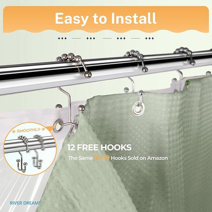 River Dream 3 in 1 Shower Curtain Set, Waffle Fabric Shower Curtain and Waterproof Clear Liner Set with Double Sided Metal Hooks, Sage Green, 72" W*72" H