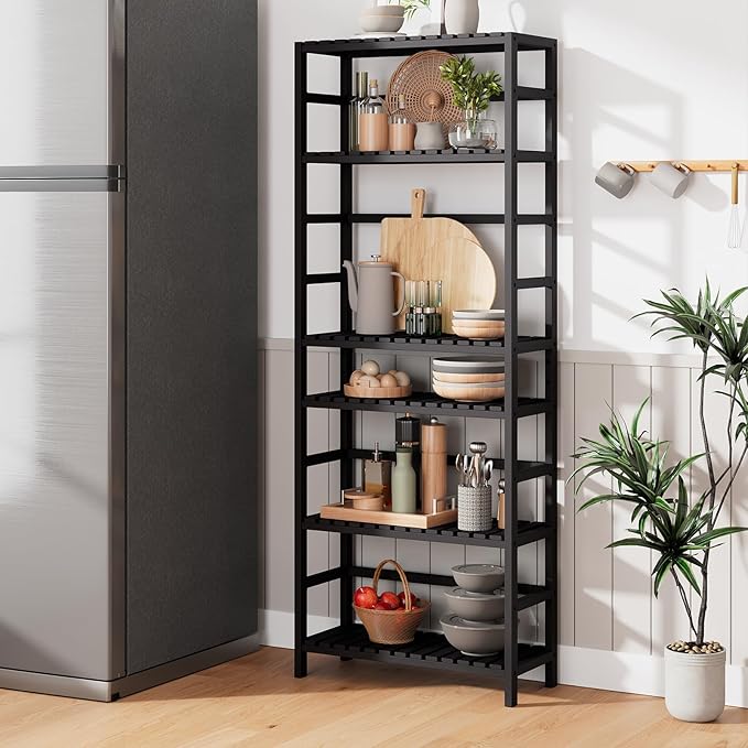 Bamjoy Bamboo Shelf, 6-Tier Bookshelf Adjustable Storage Shelves, Tall Shelving Unit Plant Stand, Storage Rack for Bathroom Home Office Living Room Kitchen, 23.6W x 10.2D x 63.4H Black
