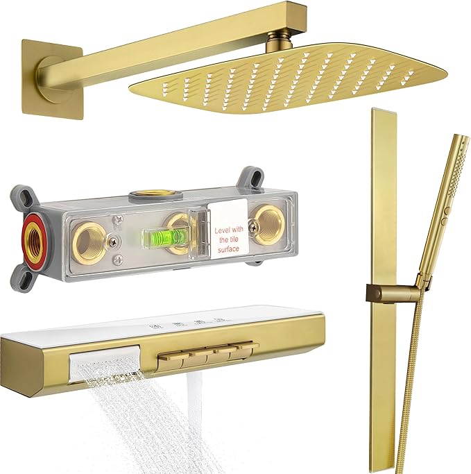 Brushed Gold 12" Rainfall Shower System with Handheld & Body Jets, Wall-Mounted Rain Shower Kit with Slide Bar Combo, Pressure-Balanced Valve with Tempered Glass Shelf & Waterfall Spout Shower Set