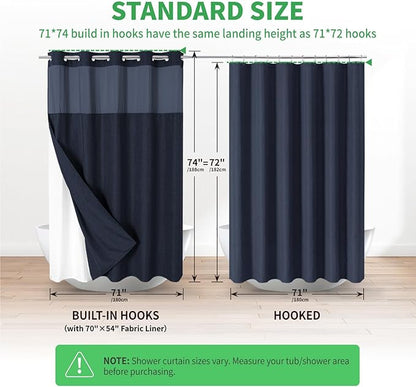 No Hooks Needed Linen Textured Shower Curtain with Snap-in Fabric Liner Set,Hotel Luxury Decor Waterproof Shower Curtains for Bathroom with Mesh Top Window,Washable,71Wx74H,Navy Blue