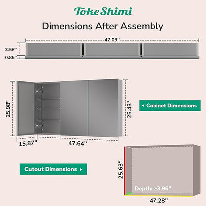 TokeShimi 48x26 Recessed Medicine Cabinet with Mirror Aluminum, Silver Tempered Frameless Bathroom Mirror with Storage Adjustable, White Wall Mounted Medicine Cabinet for Bathroom Farmhouse
