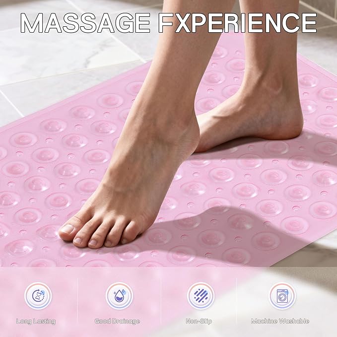Anti-Slip Bathtub Shower mat, 27.5×14.5（Approximately 70×37cm） inch Soft Oversized Machine Washable Non-Slip Bathtub mat with Drainage Holes, Bathroom Floor Suction Cup.（1-Clear Pink）