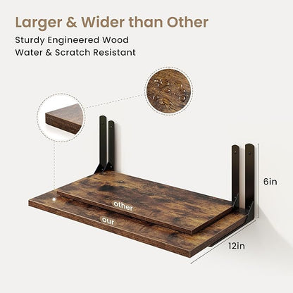 Fun Memories Rustic Brown 12 Inch Deep Floating Shelves Set of 2, Wall Mounted Shelf with Metal Brackets, Rustic Wood Wall Shelf for Bathroom, Kitchen and Living Room, Rustic Brown, 16W x 12D