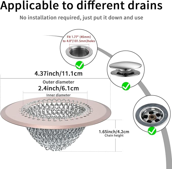 Shower Drain Hair Catcher, Fast Drainage Bathtub Drain Hair Catcher, Easy Clean Hair Catcher Shower Drain, Upgraded 304 Stainless Steel Shower Drain Cover For Shower Regular & Pop-up Drain (Rose Gold)