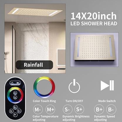 Shower System Brushed Gold Shower Faucet Set with 14X20 inch Ceiling Mount Shower Head, 6 PCS Body Jet and Handheld Spray, 3 Way Digital Temperature Display Shower