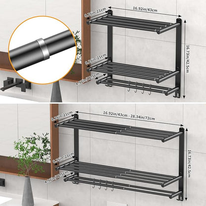 Adjustable 16.9–28" Matte Black Towel Rack for Bathroom SUS304 Stainless Steel 2-Tier Shelf with Extended Bar & 4 Sliding Hooks, Adhesive or Screw Mount, Bathroom/Over-Toilet Organizer