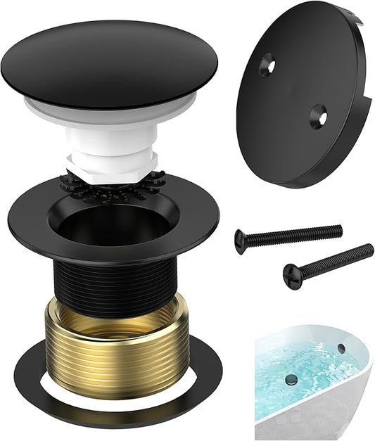 Matte Black Tub Drain Kit with Hair Catcher, Premium Brass Mushroom Tip-Toe Bathroom Tub Drain Replacement and 2-Hole Overflow Faceplate, 11.5/16 UNC Bathtub Drain Stopper Assembly