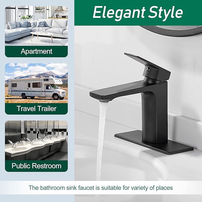 VOTON Matte Black Bathroom Faucet 1 Hole, Single Handle Bathroom Sink Faucets for 1 or 3 Hole with Supply Deck Plate and Hose, Basin, Rv, Lavatory Sink