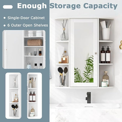 COSTWAY Wall Mounted Bathroom Cabinet, Storage Organizer with Mirror Door, 3 Adjustable Shelves & 6 Open Racks, Space-Saving Hanging Medicine Cabinet for Living Room Kitchen Entryway, White