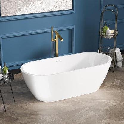 Sarlai 67 Inch Acrylic Freestanding Soaking Bathtub Contemporary Soaking White Tub Stand Alone Ergonomic Bathtub with Chrome Drain and Overflow