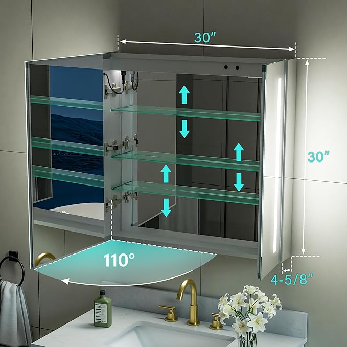 WELLFOR 30" X 30" LED Medicine Cabinet with Mirror, Double Opening Door, Recessed or Surface Cabinet Mirror, Bathroom Mirror Cabinet, Medicine Cabinet with Lights with Outlets & USB Ports