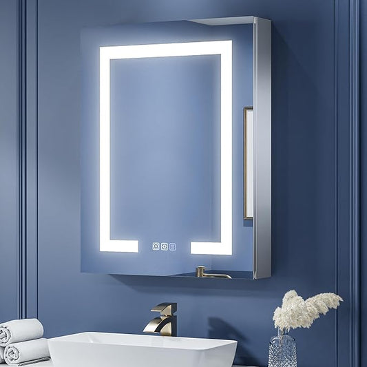 ExBrite LED Lighted Bathroom Medicine Cabinet with Mirror, 24 x 30 Inch, Recessed or Surface Mount, Anti-Fog, Stepless Dimming, Color Temperature Adjustment, 2 Outlets, Storage Shelves, Left Hinge
