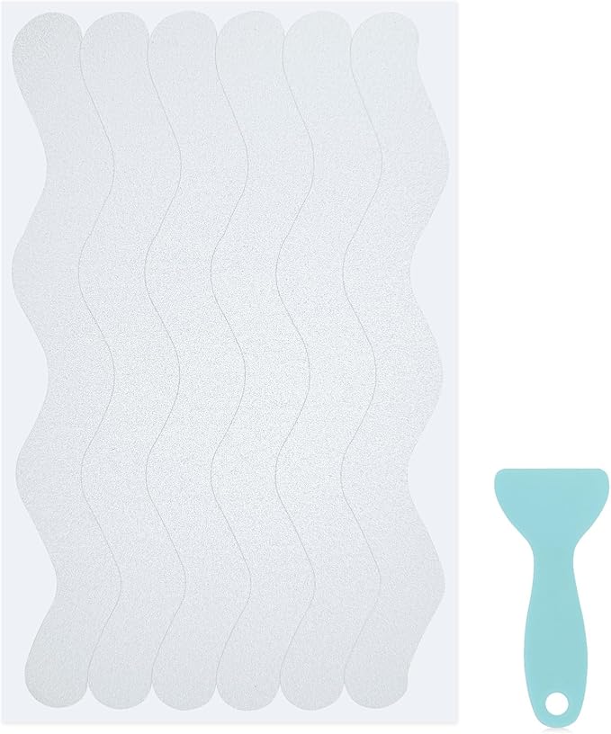 S&X 24 Pcs Anti Slip Shower Stickers, Invisible Clear High Traction Bathtub Strips, Wave Shape Safety Decals for Bath Tub Shower Wet Tiles & Stairs with Scraper