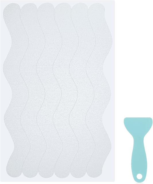 S&X 24 Pcs Anti Slip Shower Stickers, Invisible Clear High Traction Bathtub Strips, Wave Shape Safety Decals for Bath Tub Shower Wet Tiles & Stairs with Scraper