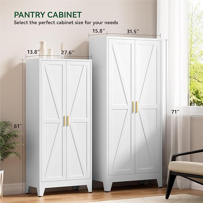 61" Tall Metal Kitchen Pantry Storage Cabinet with Double Doors & 3 Adjustable Shelves, Freestanding Cupboard for Kitchen, Dining Room, Bathroom, White