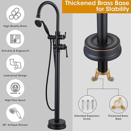 Freestanding Tub Faucet, Floor Mount Tub Faucet Oil Rubbed Bronze High Flow Tub Filler, Roman Tub Faucet with Antique Handheld, Swivel Gooseneck Spout Shower Mixer Taps (B2311-ORB)