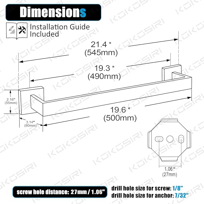 KOKOSIRI 20-Inch Single Towel Bar, Bathroom Kitchen Towel Holder, Wall Mounted T-304 Stainless Steel Towel Rack 2 Pack, Brushed Nickel, B4003BR-L20-P2
