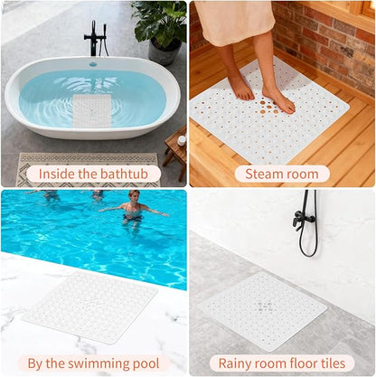 Anti-Slip Bathtub Shower mat, 20.8×20.8（Approximately 53×53cm） inch Soft Oversized Machine Washable Non-Slip Bathtub mat with Drainage Holes, Bathroom Floor Suction Cup.（1-Opaque White）