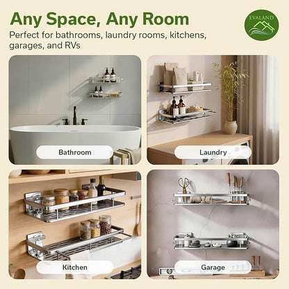Shower Caddy Adhesive 2Pack with Hooks and Rod for Towels Silver-Premium Bathroom Shower Shelves Shampoo Organizer Rack Storage Bathtub Shelf Rustproof Easy Installation Sturdy Build Sleek Modern Look