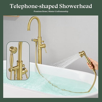 Free Standing Tub Faucet, Wintap Classic Freestanding Bathtub Faucet with Sprayer Brass Elegant Floor Mount Bath Faucets High Flow Roman Tub Filler, Brushed Gold （WT-3311BG）