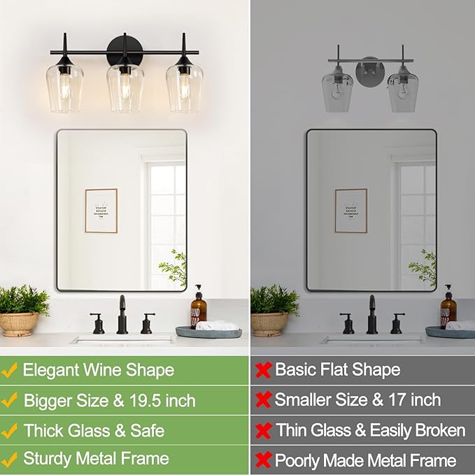 2025 Upgrade 3-Light Bathroom Light Fixtures, Black Vanity Lights for Bathroom with Clear Glass, 19.5 Inch Bathroom Lighting Fixtures Over Mirror, Modern Wall lamp for Cabinet Hallway
