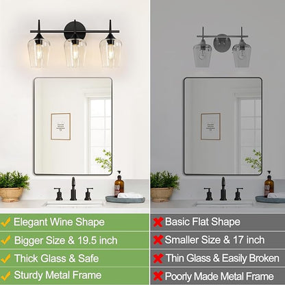 2025 Upgrade 3-Light Bathroom Light Fixtures, Black Vanity Lights for Bathroom with Clear Glass, 19.5 Inch Bathroom Lighting Fixtures Over Mirror, Modern Wall lamp for Cabinet Hallway