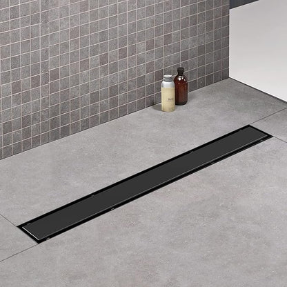 Linear Shower Drain, 28 inch Black Drain with Tile Insert 2-in-1 Panel, Brushed 304 Stainless Steel Shower Floor Drain, Linear Drain with Hair Strainer and Adjustable Feet
