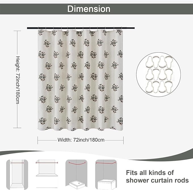 ORTIGIA Linen Green Shower Curtains for Bathroom Neutral Farmhouse Block Print Shower Curtain Set with Metal Hooks Waterproof Aesthetic Retro Fabric Bath Curtain for Home, Weighted, 72x72