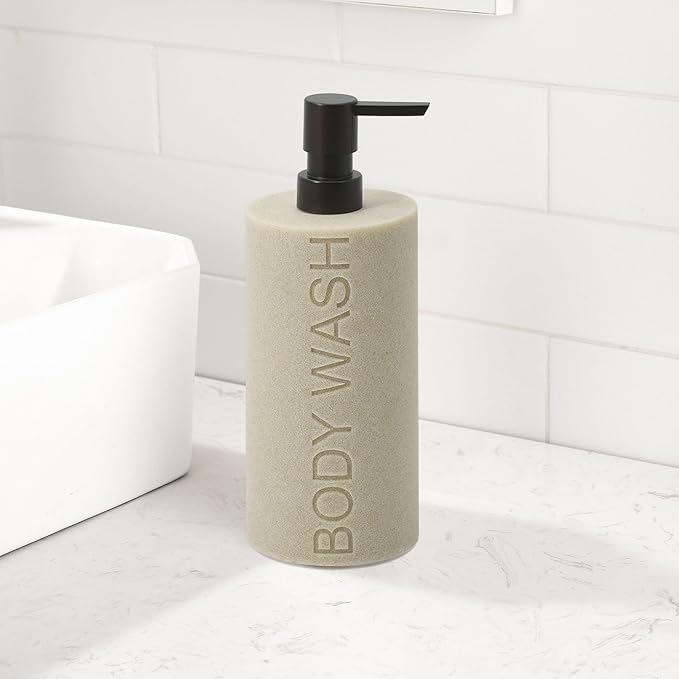 Resin Tan Sandstone Body Wash Engraved Bottle Refillable Pump Dispenser, Durable Waterproof Resin Construction for Bath, Shower - Tan Sandstone, ORB Pump