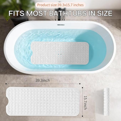 Anti-Slip Bathtub Shower mat, 39.3×15.7 inch（Approximately 100 × 40cm） Soft Oversized Machine Washable Non-Slip Bathtub mat with Drainage Holes, Bathroom Floor Suction Cup.（1-Opaque White）
