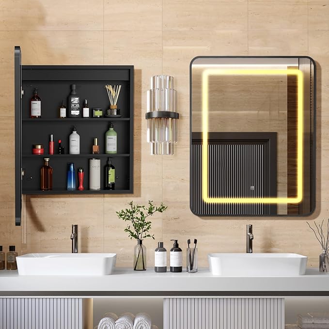 APRILSOUL 24X30 Inch Black Bathroom Medicine Cabinet with Mirror, Recessed or Surface Lighted Medicine Cabinet with 3 Colors Temperature, Dimmable Light