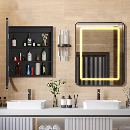 APRILSOUL 24X30 Inch Black Bathroom Medicine Cabinet with Mirror, Recessed or Surface Lighted Medicine Cabinet with 3 Colors Temperature, Dimmable Light