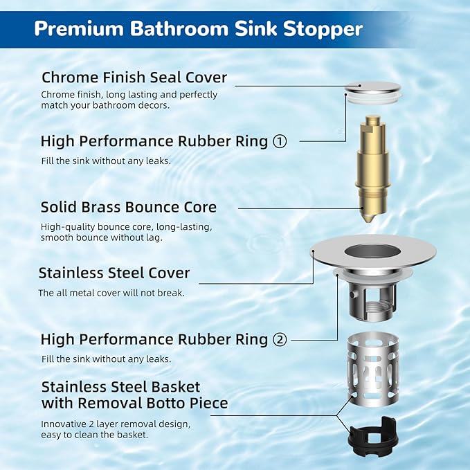 Hibbent 3 Pack Upgraded 3 in 1 Bathroom Sink Drain Strainer, Universal Pop Up Stopper with Removable Stainless Steel Filter Basket Hair Catcher, Sink Plug for 1.1''~2.36'' Basin, Brass Core, Chrome