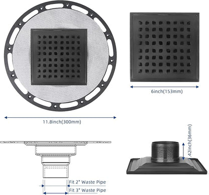 Square Shower Drain, 6-Inch Matte Black Kit with Bonding Flange, Removable Stainless Steel Grate & Hair Strainer, Fits 2" & 3" Pipes for Tiled Floors