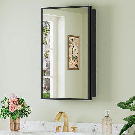 Buruis 14"x 24" Framed Medicine Cabinet with Mirror, Recessed or Wall Mounted Bathroom Cabinet, Adjustable Tempered Glass Shelves, Left/Right Open Reversible, No Assembly Required, Black