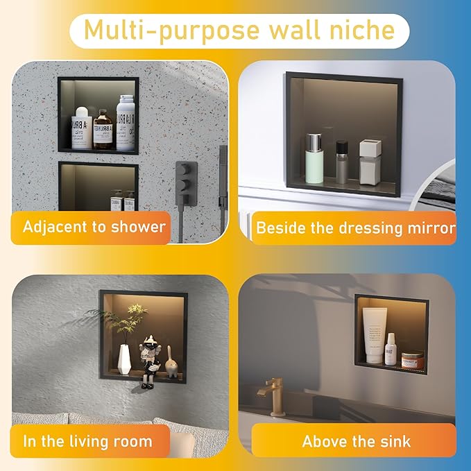 Stainless Steel Lighted Niche for Shower Storage,Bathroom Niches with LED Waterproof Light Strip，Shower Niche Insert Tile Ready ，Matte Black （ 12 x 12 in）