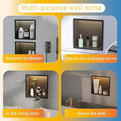 Stainless Steel Lighted Niche for Shower Storage,Bathroom Niches with LED Waterproof Light Strip，Shower Niche Insert Tile Ready ，Matte Black （ 12 x 12 in）