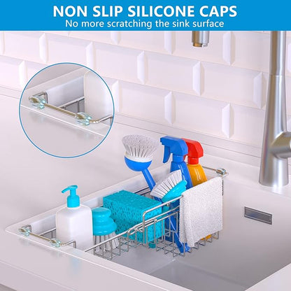 Over The Kitchen Sink Caddy Sponge Holder Organizer Drying Rack Expandable for Sponge Brush Soap Dish Cloth Rag, Stainless Steel (12.25" to 17.25")