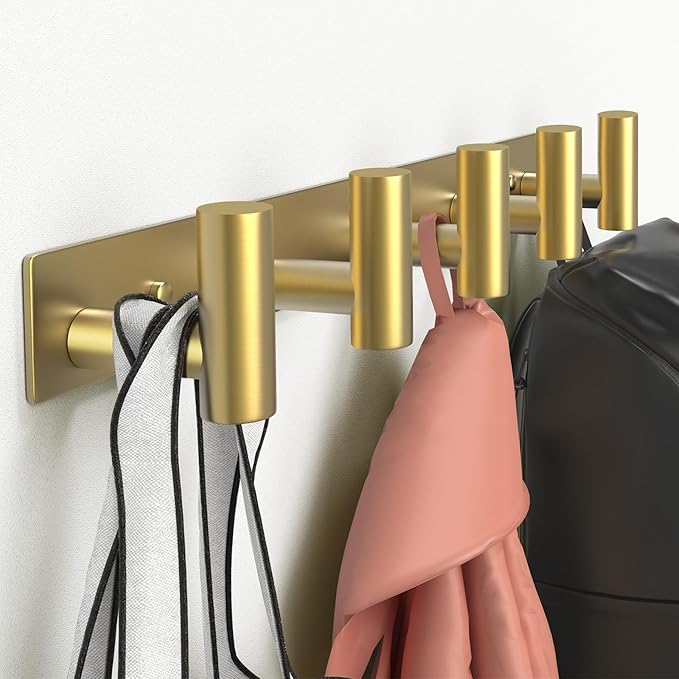 Wall Mounted Coat Rack-5 Hooks, Heavy Duty Stainless Steel Wall Hooks for Towel Coat Bag, Hat Rack Coat Hanger Coat Hooks Towel Racks for Bathroom Entryway Kitchen Hotel Office (Gold, 1 Pack)