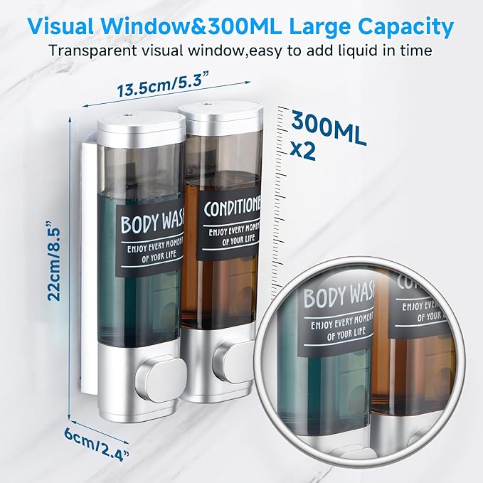 Shampoo and Conditioner Dispenser,GlintGath Shower Dispenser 2 Chamber No Drill Shampoo Dispenser for Shower Wall Mounted Shower Soap Dispenser for Bathroom Hotel,2 * 300ML,Silver