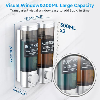 Shampoo and Conditioner Dispenser,GlintGath Shower Dispenser 2 Chamber No Drill Shampoo Dispenser for Shower Wall Mounted Shower Soap Dispenser for Bathroom Hotel,2 * 300ML,Silver