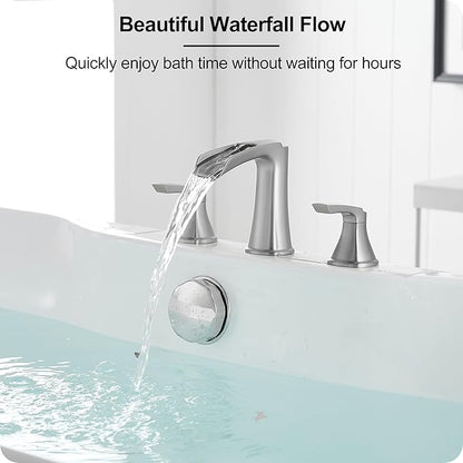 3 Hole Roman Tub Faucet Waterfall Brass Brushed Nickel Bathtub Faucet Set, High Flow 6-16 Inch Deck Mount Faucet for Bathtub, 2 Handle Bath Tub Faucets with Supply Water Hoses for Classic