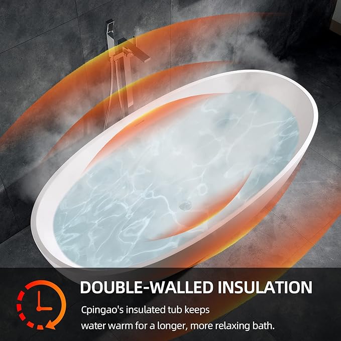 Cpingao 67" Freestanding Bathtub, Oval Shaped Stone Resin Freestanding Tubs, Solid Surface Matte White Soaking Tub with Overflow and Pop-up Drain 8801-1700